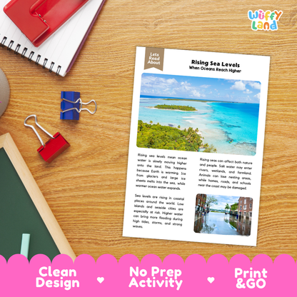 Student reading comprehension worksheet with short-answer questions and lined sections about rising sea levels