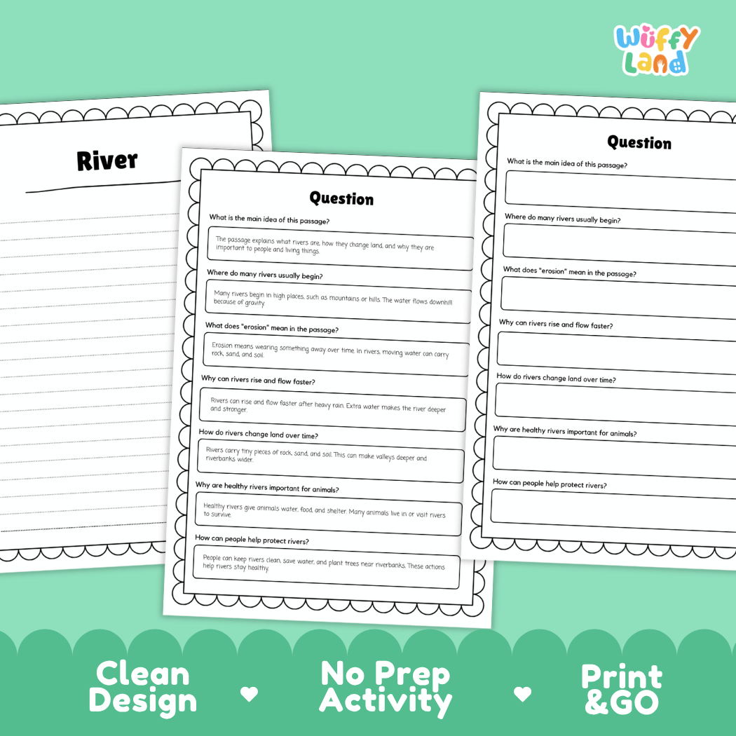 Three printable worksheet pages for a river-themed reading comprehension activity, shown on a mint green background with promotional text at the bottom. The pages include headings like 'River' and 'Question' with short text prompts for students.