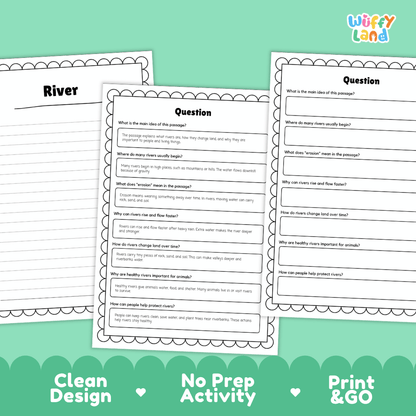 Three printable worksheet pages for a river-themed reading comprehension activity, shown on a mint green background with promotional text at the bottom. The pages include headings like 'River' and 'Question' with short text prompts for students.