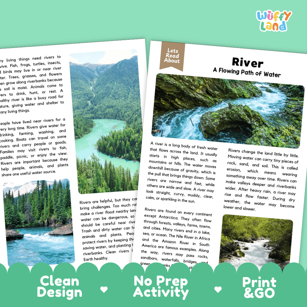 Two educational activity sheets from 'Wuffly Land' titled 'Let's Talk About River: A Flowing Path of Water', displayed on a white background with a green banner at the bottom highlighting features like clean design, no prep activity, and print & go.