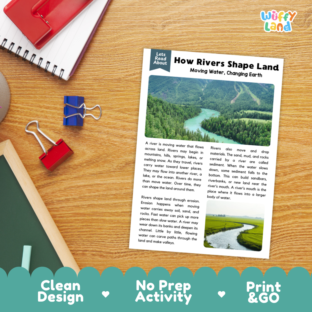 Printable student worksheet with short-answer reading comprehension questions covering rivers and earth science