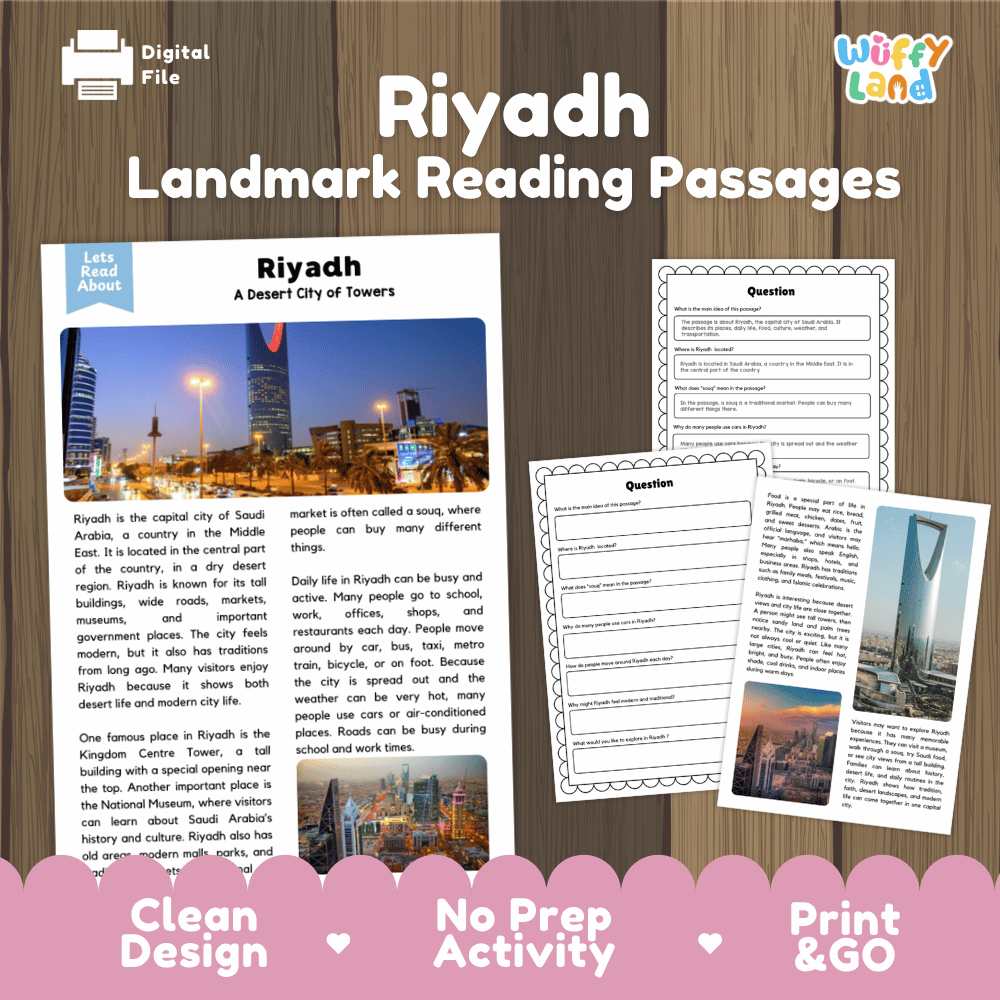 Riyadh landmark reading passages educational study unit featuring nonfiction reading worksheets and authentic Saudi Arabian city skyline photography