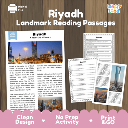 Riyadh landmark reading passages educational study unit featuring nonfiction reading worksheets and authentic Saudi Arabian city skyline photography