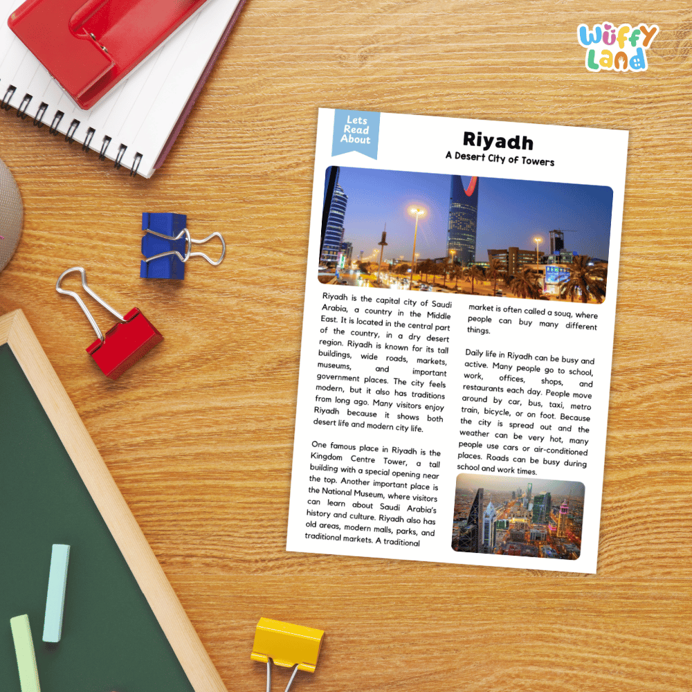 Lined reading comprehension question worksheet covering main ideas vocabulary terms and landmark facts about Riyadh Saudi Arabia