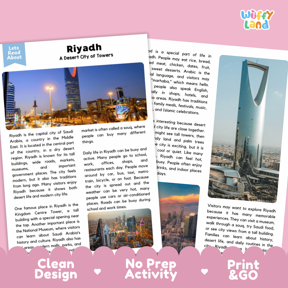 Reference sheet and answer key for Riyadh landmark reading passage displaying completed comprehension answers and Middle Eastern geography facts