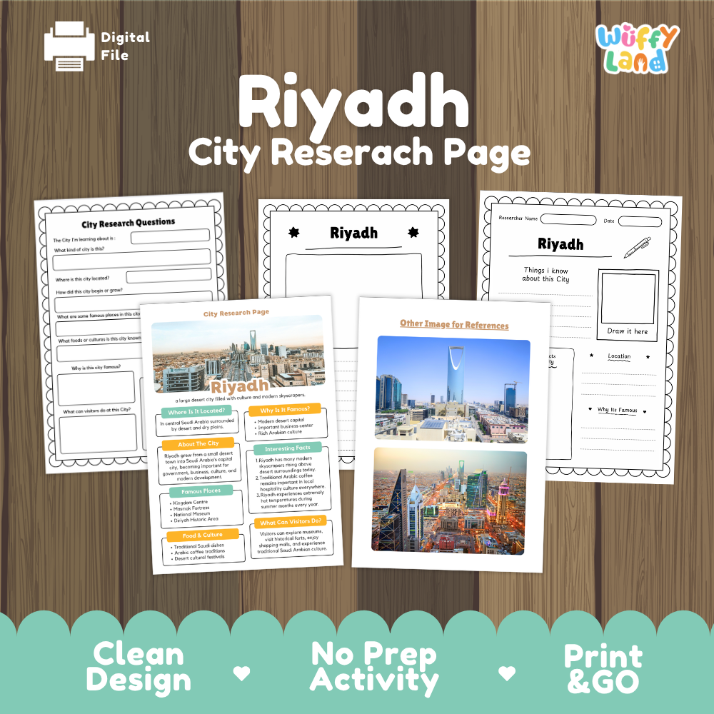 Digital file preview of a Riyadh city research page activity sheet set by Wiffy Land, displayed on a wood background with a teal banner at the bottom.