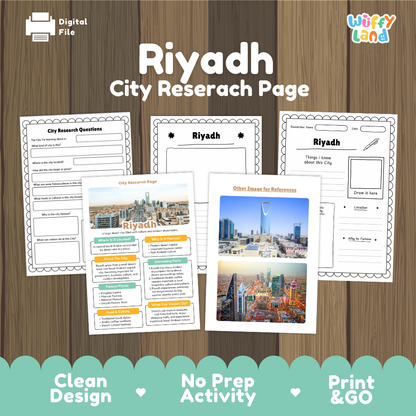 Digital file preview of a Riyadh city research page activity sheet set by Wiffy Land, displayed on a wood background with a teal banner at the bottom.