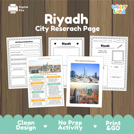Digital file preview of a Riyadh city research page activity sheet set by Wiffy Land, displayed on a wood background with a teal banner at the bottom.