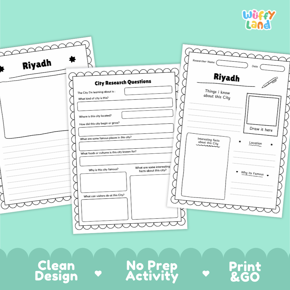 Three printable educational activity sheets for researching a city's riyadh displayed on a mint green background with decorative scalloped waves and the text 'Clean Design', 'No Prep Activity', and 'Print & GO'. The 'Wiffy Land' brand logo is visible in the top right corner.