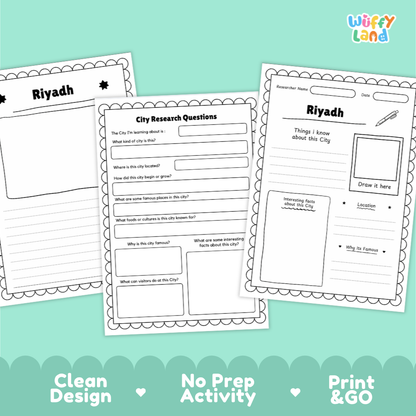 Three printable educational activity sheets for researching a city's riyadh displayed on a mint green background with decorative scalloped waves and the text 'Clean Design', 'No Prep Activity', and 'Print & GO'. The 'Wiffy Land' brand logo is visible in the top right corner.