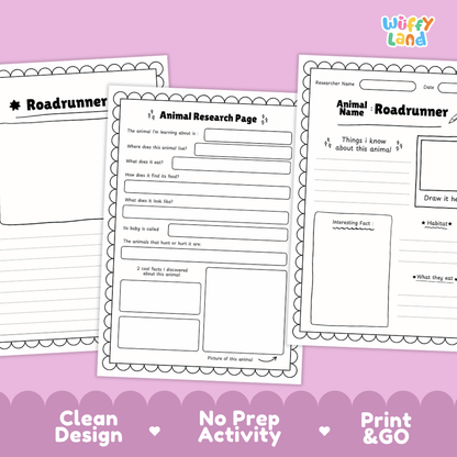 Roadrunner Animal Research Worksheets and Informational Fact Sheets