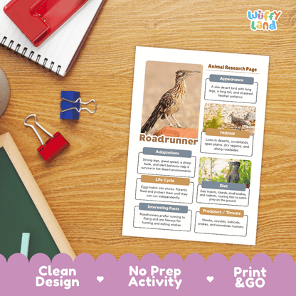 Roadrunner Animal Research Worksheets and Informational Fact Sheets