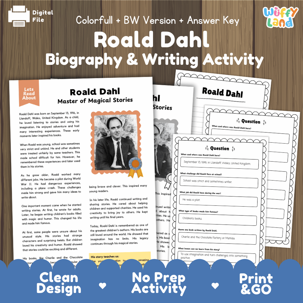 Roald Dahl Biography Reading Passage and Writing Activity Worksheets