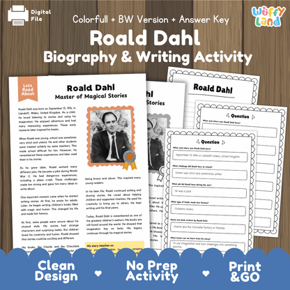 Roald Dahl Biography Reading Passage and Writing Activity Worksheets
