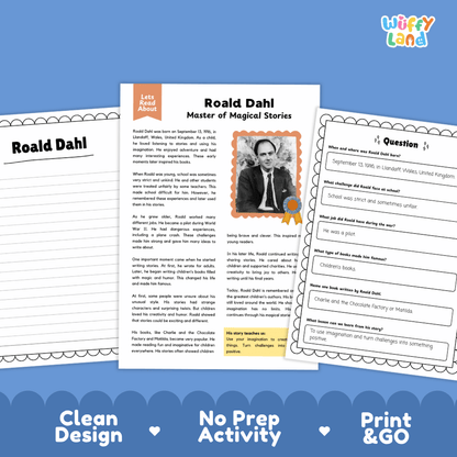 Three printable Roald Dahl themed activity sheets displayed on a blue background with the text 'Clean Design', 'No Prep Activity', and 'Print & GO'. The center sheet is titled 'Roald Dahl Master of Magical Stories' with a photo of Roald Dahl, while the left sheet says 'Roald Dahl' and the right sheet contains a question box.