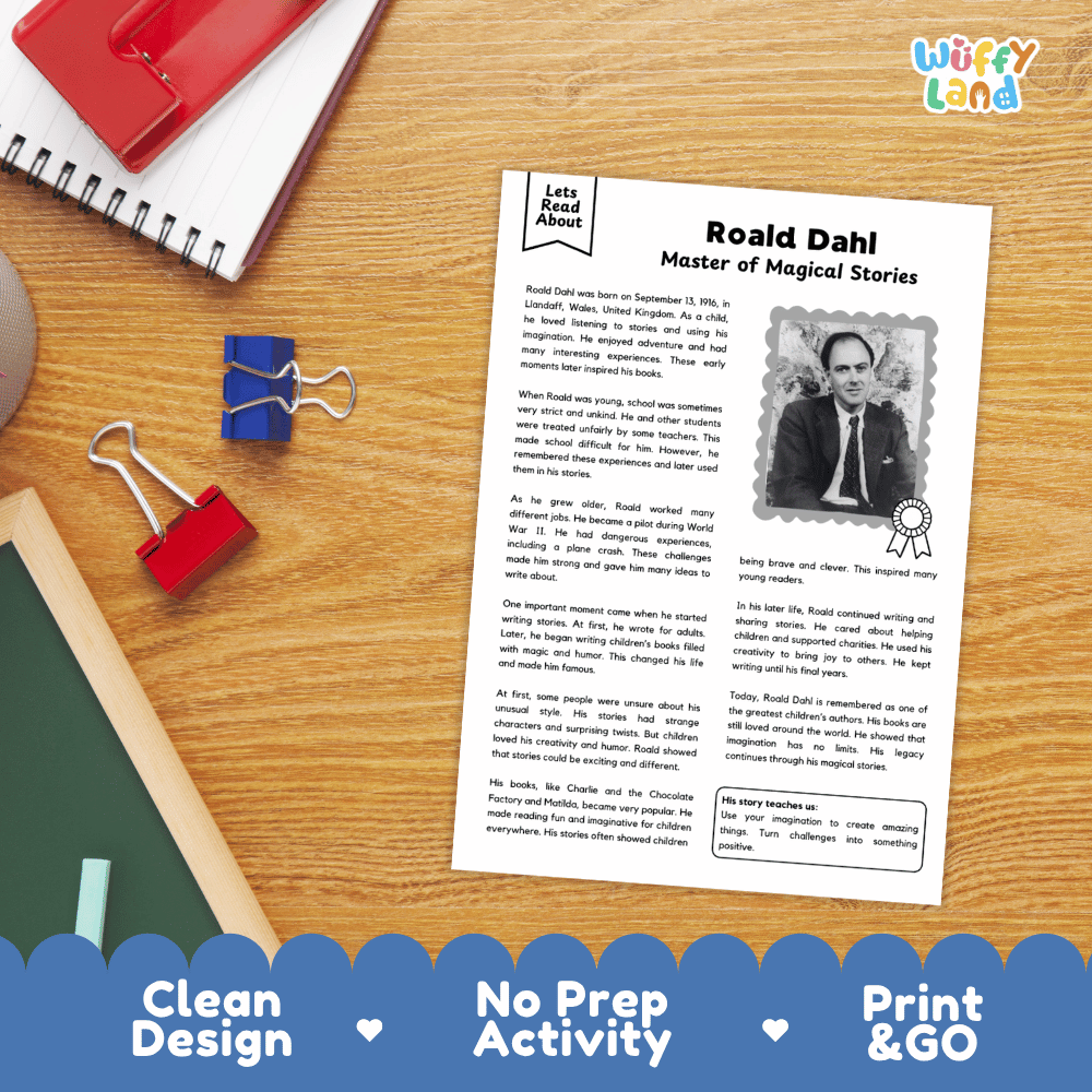A printed Roald Dahl activity worksheet laid on a wooden desk with school supplies around it, including a spiral notebook, red binder clips, and a blue pen. The sheet has the title 'Roald Dahl Master of Magical Stories' and a small black-and-white portrait of Roald Dahl.