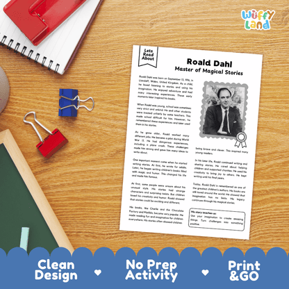 A printed Roald Dahl activity worksheet laid on a wooden desk with school supplies around it, including a spiral notebook, red binder clips, and a blue pen. The sheet has the title 'Roald Dahl Master of Magical Stories' and a small black-and-white portrait of Roald Dahl.