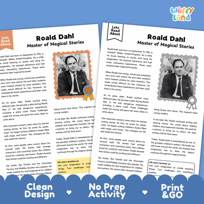 Two printable educational worksheet pages about Roald Dahl, shown on a white background with a blue banner at the bottom reading 'Clean Design No Prep Activity Print & Go' and the Wuffly Land logo in the top right.