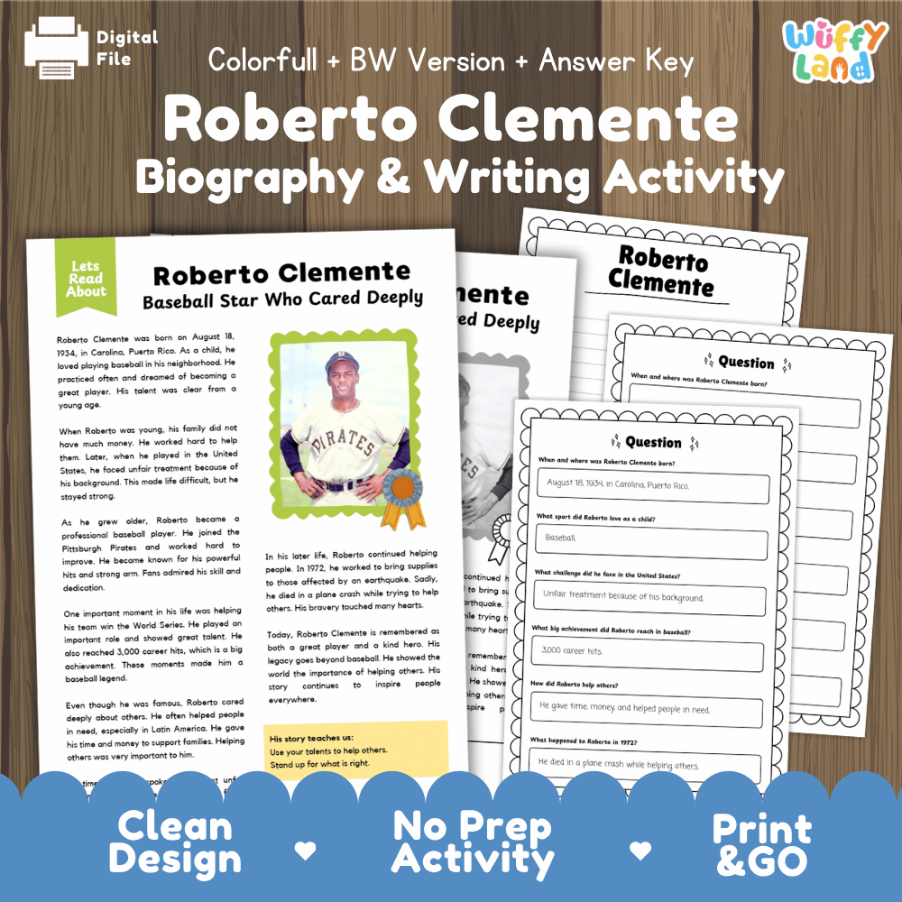 Roberto Clemente Biography Reading Passage and Writing Activity Worksheets
