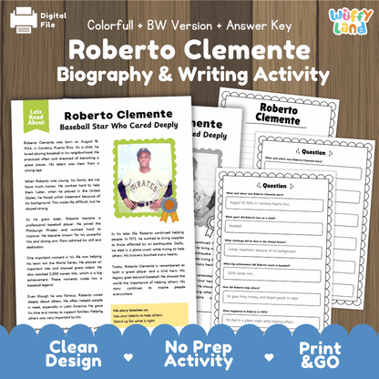 Roberto Clemente Biography Reading Passage and Writing Activity Worksheets