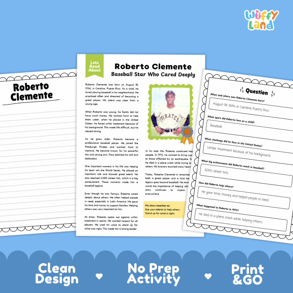 Three printable educational activity sheets for a Roberto Clemente baseball lesson, displayed on a blue background with the text 'Clean Design', 'No Prep Activity', and 'Print & GO'. The sheets include a title page, a question sheet, and a text layout page with a small photo of Roberto Clemente.