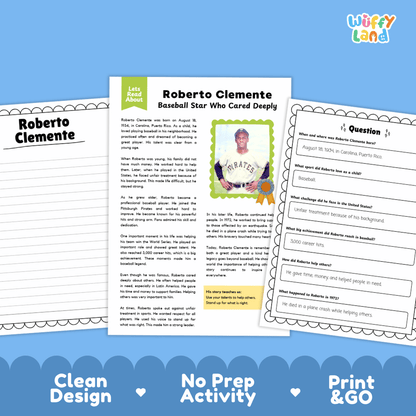 Three printable educational activity sheets for a Roberto Clemente baseball lesson, displayed on a blue background with the text 'Clean Design', 'No Prep Activity', and 'Print & GO'. The sheets include a title page, a question sheet, and a text layout page with a small photo of Roberto Clemente.