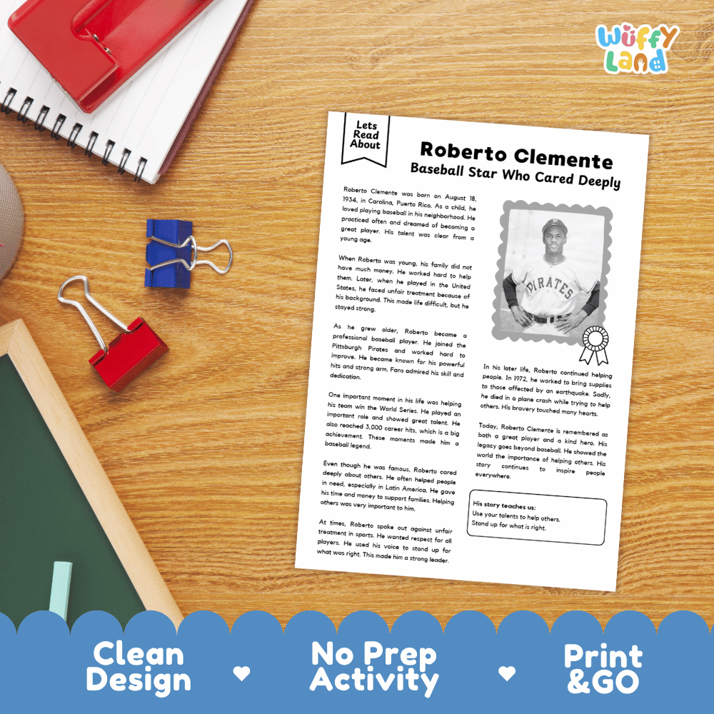 A printed educational worksheet titled 'Roberto Clemente Baseball Star Who Cared Deeply' shown on a wooden desk with a spiral notebook, binder clips, and other school supplies. The worksheet has a white background with black text, a small photo of Roberto Clemente, and decorative elements.