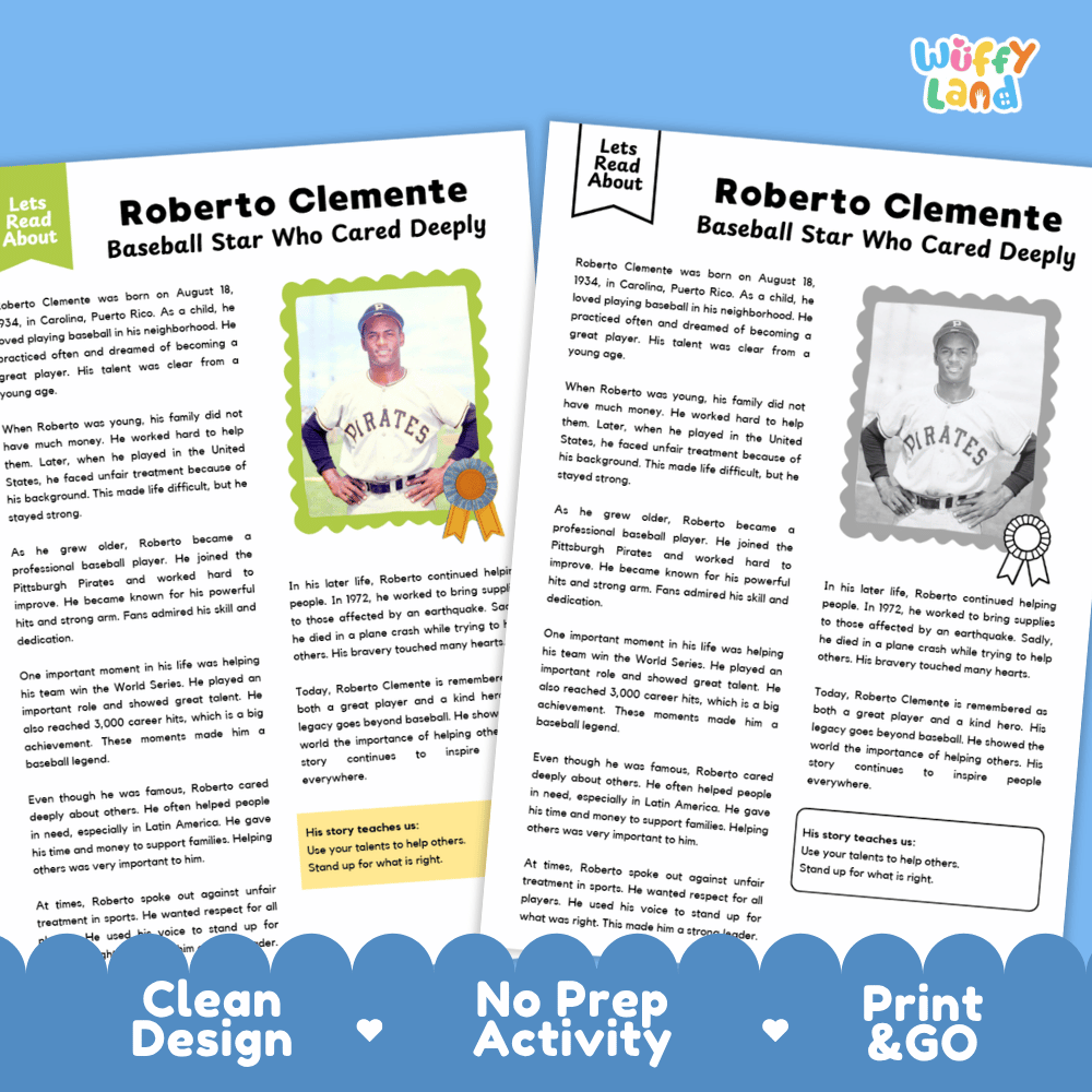 Two printable educational activity pages about baseball player Roberto Clemente, shown on a blue background with the title 'Let's Read About' and 'Wuffy Land' branding. The pages include text, photos, and decorative borders, with promotional text at the bottom reading 'Clean Design,' 'No Prep Activity,' and 'Print & Go.