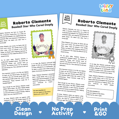 Two printable educational activity pages about baseball player Roberto Clemente, shown on a blue background with the title 'Let's Read About' and 'Wuffy Land' branding. The pages include text, photos, and decorative borders, with promotional text at the bottom reading 'Clean Design,' 'No Prep Activity,' and 'Print & Go.