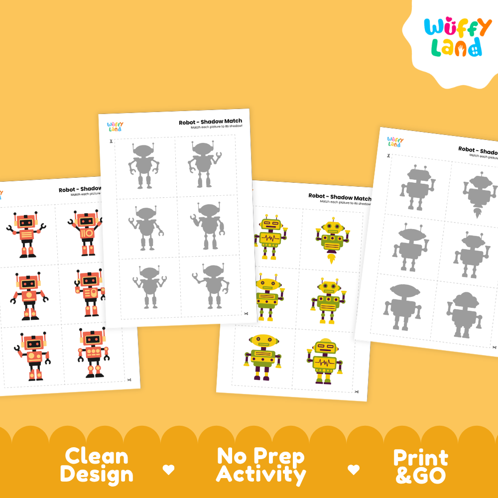 Full color robot object cards featuring yellow, blue, and red androids with glowing indicator lights