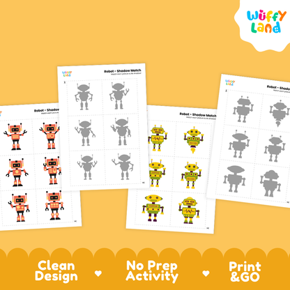 Full color robot object cards featuring yellow, blue, and red androids with glowing indicator lights
