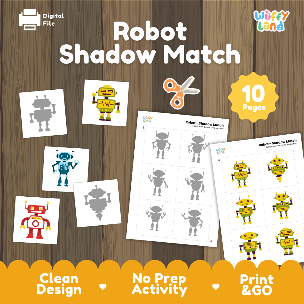 Robot shadow match activity cover showing 10-page printable pack with robot silhouette, colorful android, and shadow matching worksheets