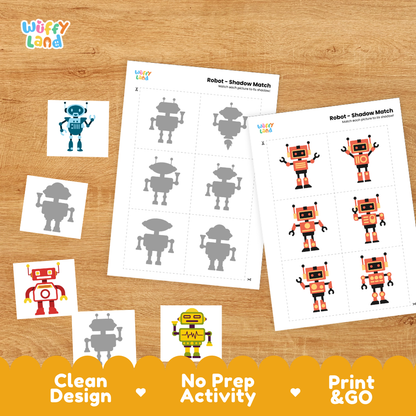 Printable shadow matching grid sheet showing silhouettes of walking and posing robots with antennas