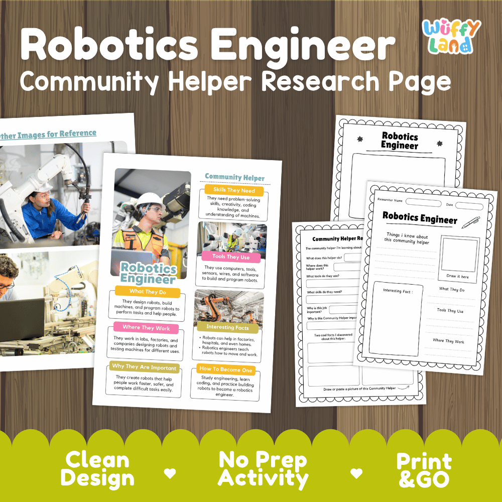 Robotics engineer community helper research page writing worksheets pack featuring real photos and student activity pages for elementary social studies and STEM