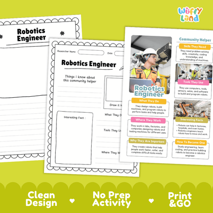 Educational reference poster with real photography showing robotics engineer duties, robotic arm sensors, lab workplace, and interesting facts