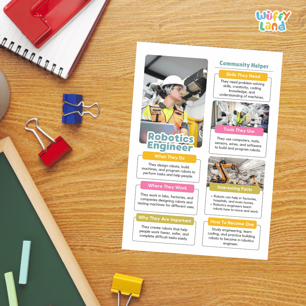 Guided student writing worksheets with lined sections for recording facts and a dedicated box for drawing or pasting a picture of a robotics engineer