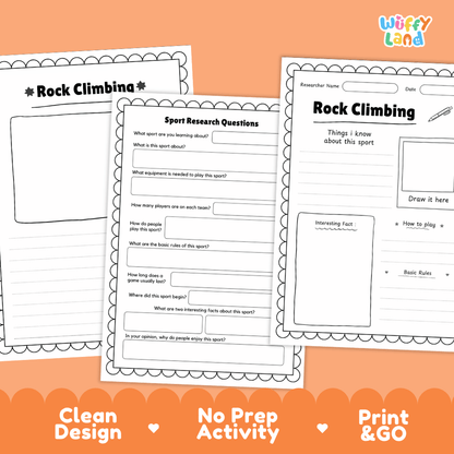 Rock Climbing Sport Research Project Worksheets and Fact Sheet