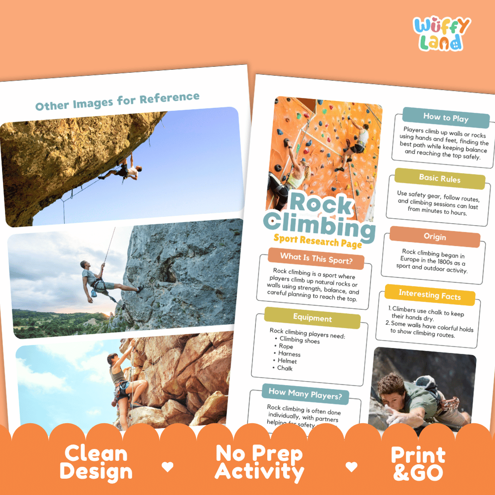 Rock Climbing Sport Research Project Worksheets and Fact Sheet