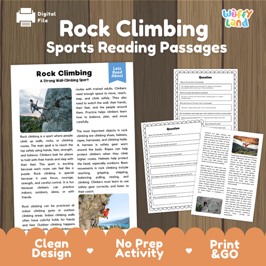 Rock Climbing Sports Reading Passages and Comprehension Questions Worksheets