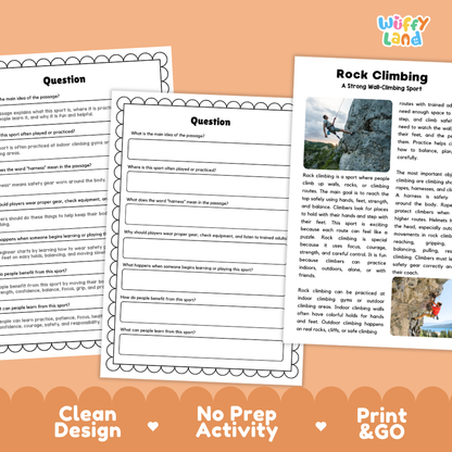 Rock Climbing Sports Reading Passages and Comprehension Questions Worksheets