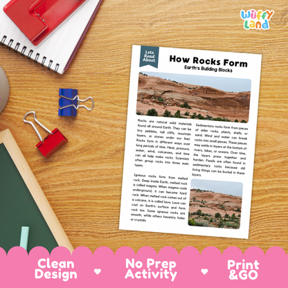Printable student worksheet with short-answer reading comprehension questions covering rock types and earth science