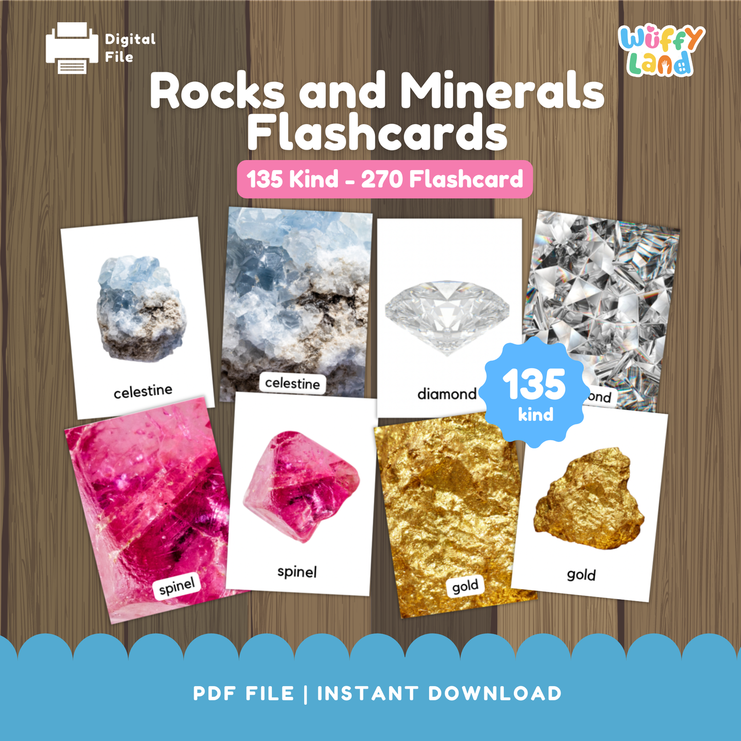 Illustrated rocks and minerals flashcards showing examples such as celestine, diamond, spinel, and gold, arranged in a display to highlight different stone types included in the 135-card set