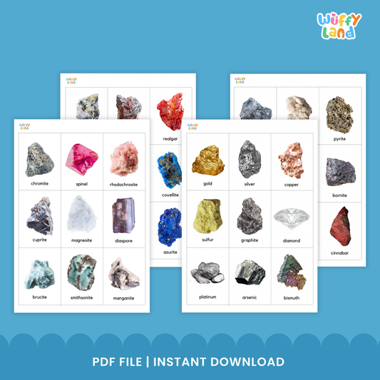 Illustrated rocks and minerals flashcards showing examples such as celestine, diamond, spinel, and gold, arranged in a display to highlight different stone types included in the 135-card set