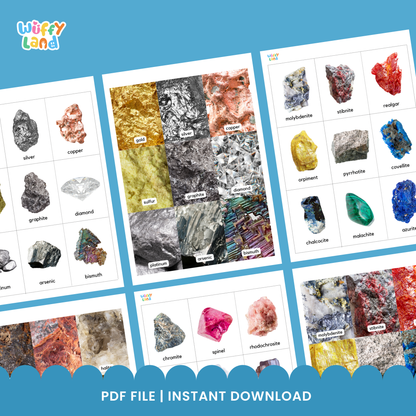 Illustrated rocks and minerals flashcards showing examples such as celestine, diamond, spinel, and gold, arranged in a display to highlight different stone types included in the 135-card set