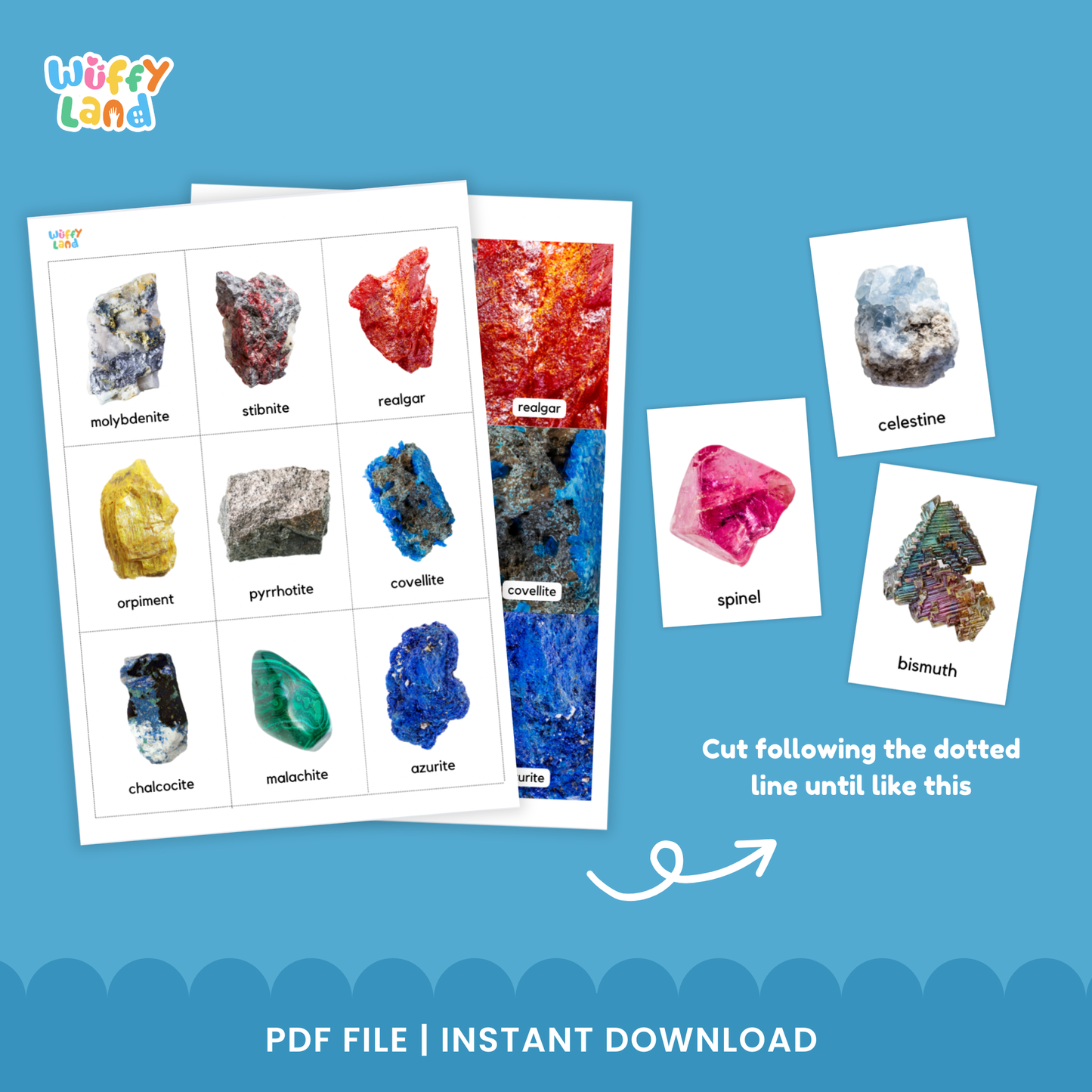 Illustrated rocks and minerals flashcards showing examples such as celestine, diamond, spinel, and gold, arranged in a display to highlight different stone types included in the 135-card set