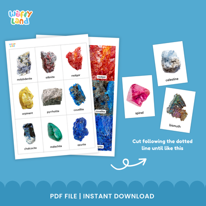 Illustrated rocks and minerals flashcards showing examples such as celestine, diamond, spinel, and gold, arranged in a display to highlight different stone types included in the 135-card set