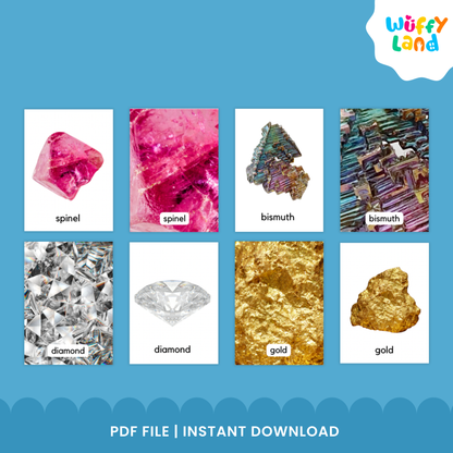 Illustrated rocks and minerals flashcards showing examples such as celestine, diamond, spinel, and gold, arranged in a display to highlight different stone types included in the 135-card set