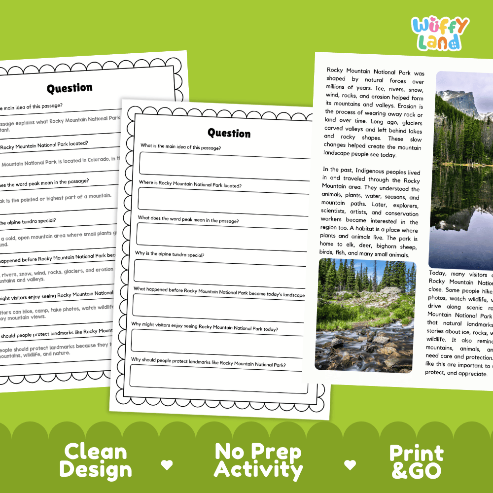 Student reading passage titled High Mountains in Colorado detailing Rocky Mountain National Park peaks, alpine tundra, erosion, and mountain scenery