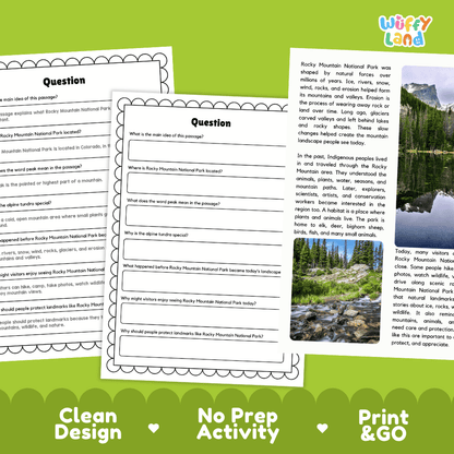 Student reading passage titled High Mountains in Colorado detailing Rocky Mountain National Park peaks, alpine tundra, erosion, and mountain scenery