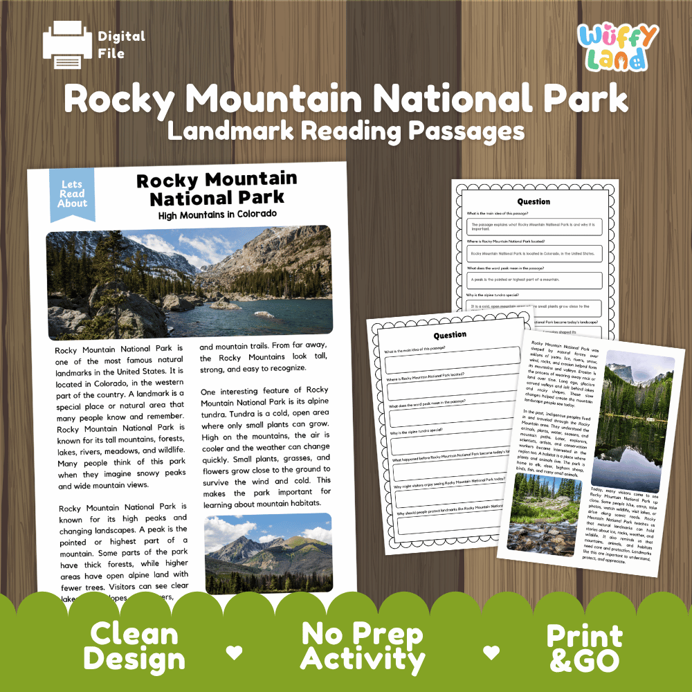 Rocky Mountain National Park landmark reading passages educational study unit featuring nonfiction reading worksheets and authentic Colorado mountain lake photography